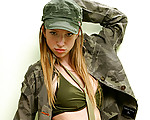 Playful all american teen peels off her army outfit and exposes her blushing pink pussy